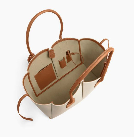 Grand sac cabas en toile coton et cuir grainé Elena LE TANNEUR